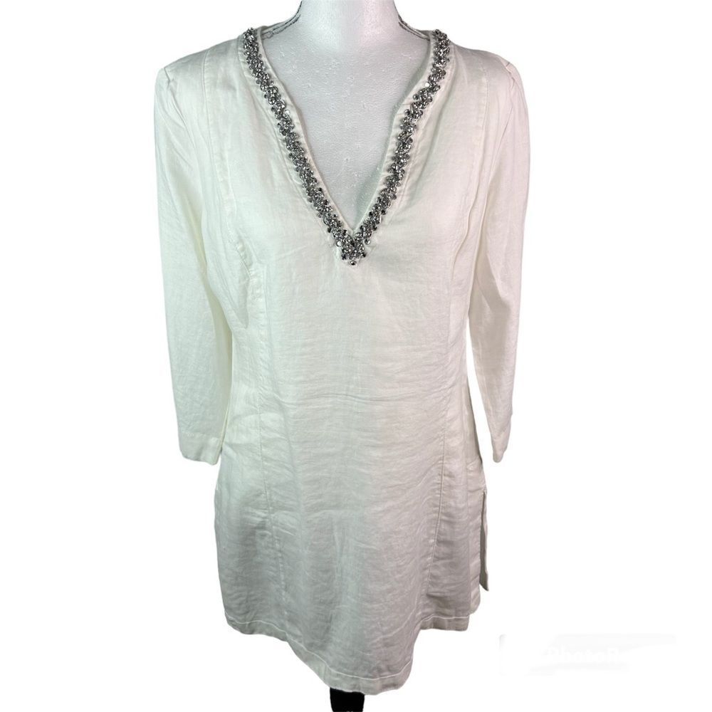 New! Malvin I Love Linen Rhinestone White V-Neck 3/4 Sleeve Tunic Top Sz Small